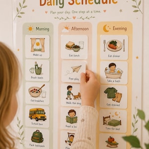 May include: A daily schedule wall chart with the title My Daily Schedule. It features three columns labeled Morning, Afternoon, and Evening, each containing illustrated cards for tasks like Wake up, Eat lunch, and Take a bath with icons.