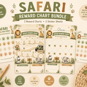 Può includere: Un set di tabelle premio safari con due tabelle e due fogli di adesivi illustrati con un leone, una giraffa, una zebra e un elefante. Le tabelle includono testi come Safari Reward Chart e You can do great things.