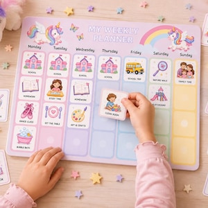 May include: A rectangular light purple weekly planner board with the text MY WEEKLY PLANNER, featuring unicorn and rainbow illustrations. It includes columns for each day of the week and various square activity cards with icons and text labels.