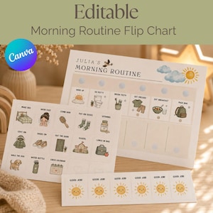 Puede incluir: Un gráfico de rutina matutina editable con ilustraciones de tareas diarias. El gráfico incluye secciones para despertarse, ir al baño, cepillarse los dientes, vestirse, desayunar y empacar la mochila. El gráfico también incluye una hoja de pegatinas con ilustraciones de sol y las palabras "Good Job!"
