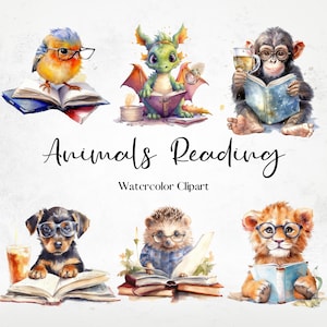 37+ Charmig Animals Reading Clipart, Cute Animal PNG, Watercolor Dragons Clipart, Whimsical Reading Animals, Fantasy Clipart Bundle