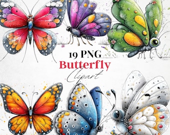 Colorful Whimsical Garden Butterfly Graphics, Watercolor Winged Bug Illustration Bundle, Vibrant Nature Butterfly Clipart, Printable PNG Set