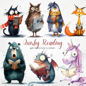Watercolor Quirky Reading Animals Clipart, Book Lover PNG (Digital Download)