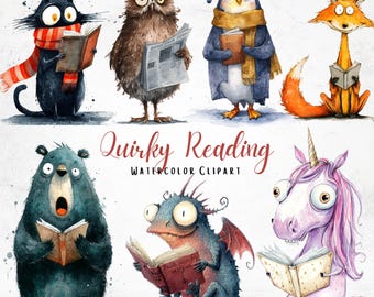 Watercolor Quirky Reading Animals Clipart, Book Lover PNG (Digital Download)