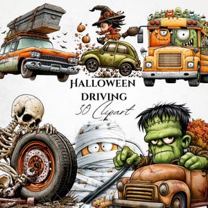 Può includere: Una raccolta di clipart a tema Halloween con un'auto arancione con una bara sul tetto, una strega su una scopa, uno scuolabus pieno di mostri, uno scheletro con uno pneumatico, una mummia e un mostro verde alla guida di un camion.