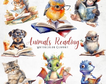 Watercolor Animals Reading Clipart, Cute PNG Bundle (37+)