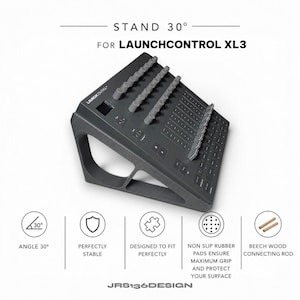 May include: A dark gray stand designed for a LAUNCHCONTROL XL3. The stand is angled at 30 degrees and features non-slip rubber pads. The text on the stand reads "STAND 30° FOR LAUNCHCONTROL XL3" and "JRS136DESIGN".