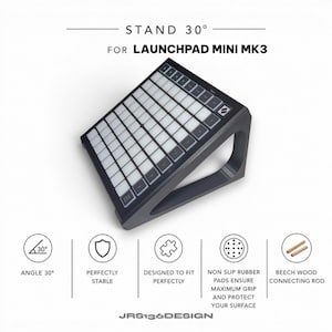 May include: A black stand angled at 30 degrees, designed for a Launchpad Mini MK3. The stand features a grid of white and black squares, with the text "STAND 30° FOR LAUNCHPAD MINI MK3" at the top. The base includes non-slip rubber pads and beech wood connecting rods.