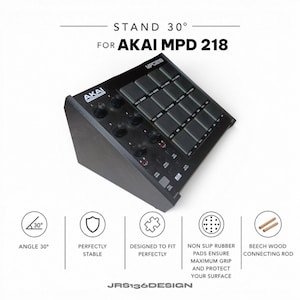 May include: Black stand for an AKAI MPD 218, angled at 30 degrees. Includes non-slip rubber pads and beech wood connecting rods. The stand is designed to fit perfectly and ensure maximum grip.