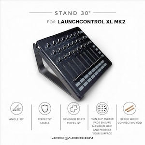 May include: Black stand for a Launchcontrol XL MK2, angled at 30 degrees. The stand features a sturdy design with non-slip rubber pads for grip and protection. The text on the stand reads "STAND 30° FOR LAUNCHCONTROL XL MK2".