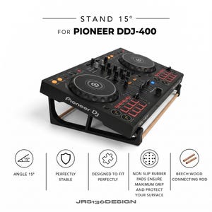 Pode incluir: Suporte preto para controlador DJ Pioneer DDJ-400, inclinado a 15 graus. Possui almofadas de borracha antiderrapantes e varetas de conexão em madeira de faia. O suporte foi projetado para se ajustar perfeitamente ao controlador.