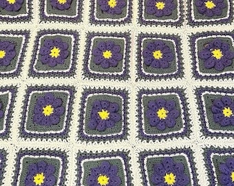 Vintage Afghan Crochet Blanket Bed Cover Granny Square Purple 3D Flowers 76x52