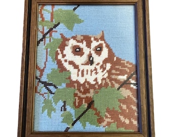 Vtg Framed Owl Needlepoint Crewel Embroidery Decor 12"x 9.5" Cottage Core Bird