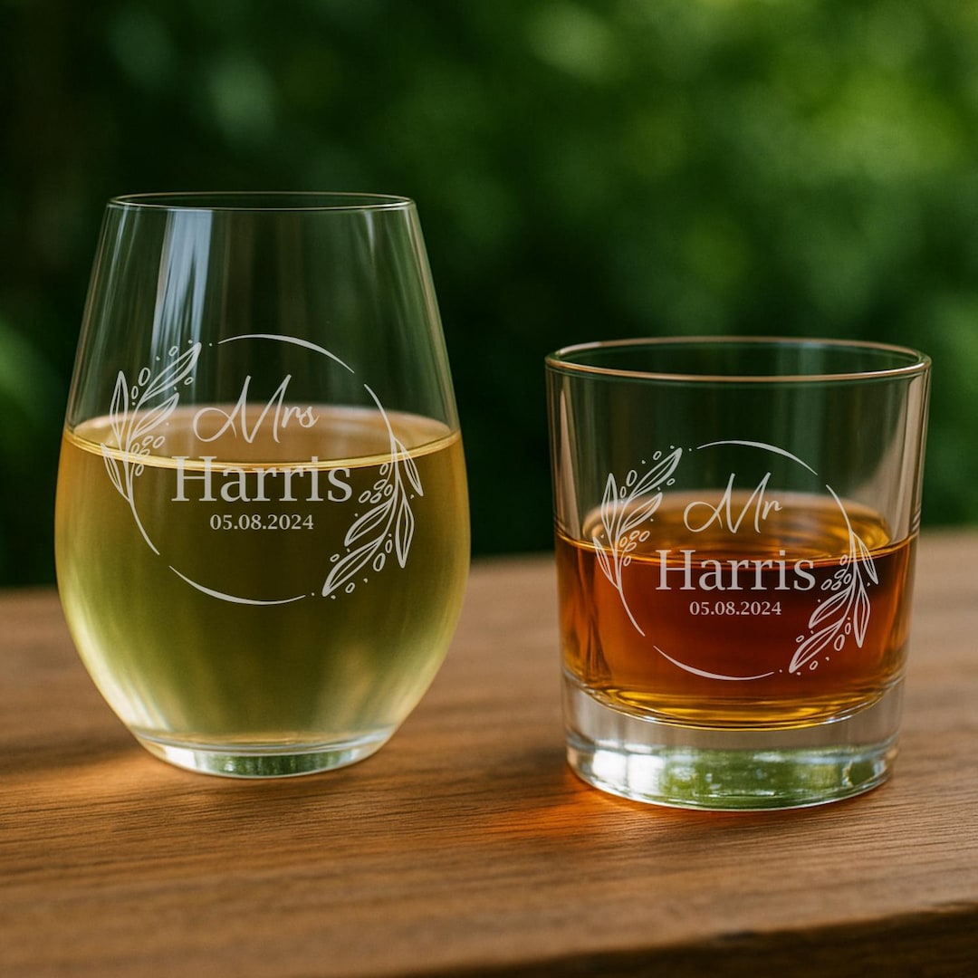 Personalized Wedding Glass Set: Bride & Groom Wine and Whiskey Glasses