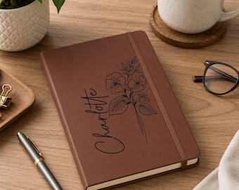 Personalized Birth Month Flower Journal: Engraved Faux Leather Notebook
