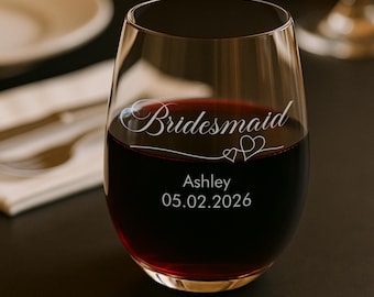 Personalized Bridesmaid Wine Glass – Custom Laser Engraved Stemless Glass