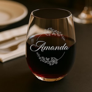Bridesmaid Wine Glass – Personalized Stemless Glass with Name – Custom Wedding Party Gift – Bridesmaid, Mom, Valentine’s Day Gift