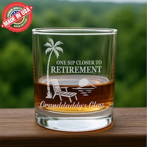Personalized Retirement Whiskey Glass: Engraved Beach Scene Gift