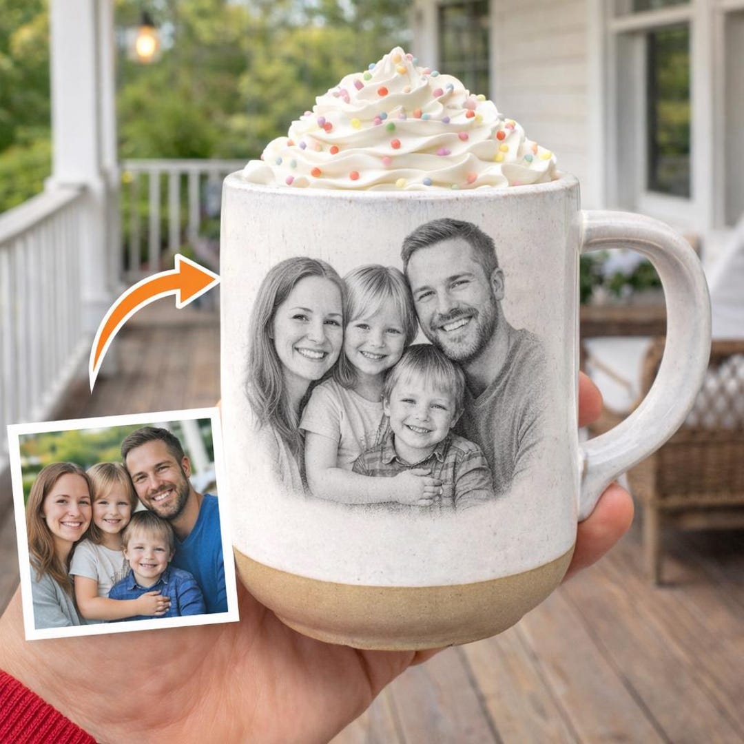 Family Photo Engraved Mug – Custom Porcelain Coffee Cup – Rustic ...