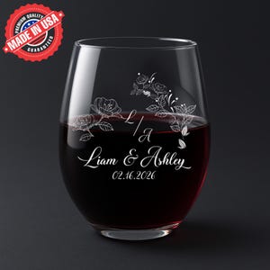 Engraved Wedding Glasses Set: Personalized Floral Bride & Groom Gift