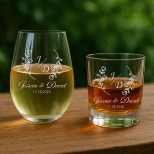 Personalized Wedding Glass Set: Bride Wine & Groom Whiskey - Engraved Floral Design