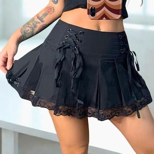 Y2K Gothic Plaid Mini Skirt: High Waist Lace-Up Pleated Skirt Mall goth alt emo