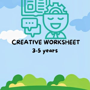 Op de afbeelding: Een turquoise illustratie op een lichtblauwe achtergrond met de tekst "CREATIVE WORKSHEET 3-5 years". De illustratie bevat een open boek, een tekstballon en een lachend gezicht met een tandwiel erboven. Groene heuvels en cartoonvruchten staan onderaan.