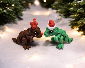 Santa and Reindeer T-rex | 3D Printed Full Color Christmas Articulated Flexi Fidget Toy