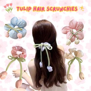 Tulip Flower Hair Scrunchies – Handmade Soft Elastic Hair Ties, Floral Hair Accessories