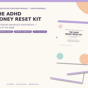 Pode incluir: Um documento digital imprimível intitulado The ADHD Money Reset Kit com texto e detalhes roxos num fundo creme. O kit inclui 10 páginas para controlar contas, gastos impulsivos e subscrições, nos formatos A4 e carta dos EUA.