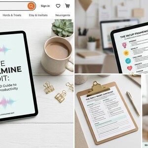 Op de afbeelding: Een digitale download product mockup met een tablet met de tekst "The Dopamine Edit: The ADHD Guide to Modern Productivity." Extra afbeeldingen tonen een checklist, een telefoon en een tablet met gids pagina's.
