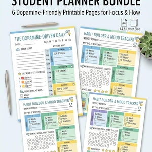 Planificador imprimible para estudiantes con TDAH / Diario de funciones ejecutivas académicas / Rastreador de estudio que favorece la dopamina / Planificador digital para estudiantes con TDAH en la universidad