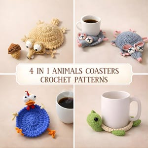 Può includere: Una collezione di quattro sottobicchieri a forma di animali all'uncinetto fatti a mano, tra cui una lucertola, un topo, un pollo e una tartaruga. Ogni sottobicchiere è progettato in modo unico con colori vivaci e dettagli. L'immagine include anche un fungo e due tazze di caffè. Il testo recita: "4 IN 1 ANIMALS COASTERS CROCHET PATTERNS."