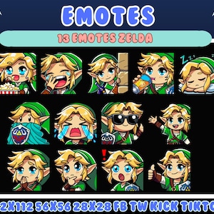 May include: A collection of 13 digital emotes featuring a cartoon character with blonde hair and a green tunic. The emotes display various expressions and actions, with text that reads "EMOTES" and "13 EMOTES ZELDA". The image includes sizes for different social media platforms.