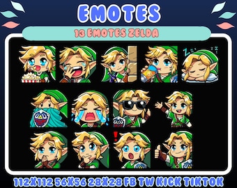 May include: A collection of 13 digital emotes featuring a cartoon character with blonde hair and a green tunic. The emotes display various expressions and actions, with text that reads "EMOTES" and "13 EMOTES ZELDA". The image includes sizes for different social media platforms.