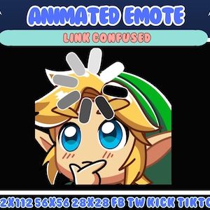 May include: Animated emote featuring a cartoon character with blonde hair, blue eyes, and a green hat, with a confused expression. The text "ANIMATED EMOTE" and "LINK CONFUSED" are displayed above the character. The image includes size dimensions for various platforms.