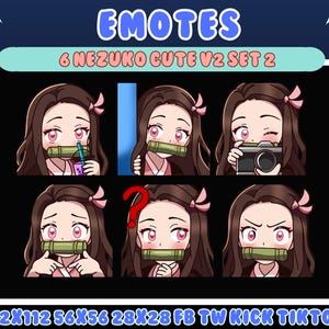 May include: A set of six anime-style emotes featuring a character with brown hair and pink accents. Each emote displays a different expression or action, including holding a drink, a camera, and a bamboo muzzle. The word "EMOTES" is at the top.