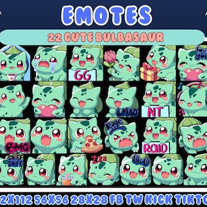 Könnte beinhalten: Eine Sammlung von 22 niedlichen Bulbasaur-Emotes, die verschiedene Ausdrücke zeigen, darunter Herzen, Kopfhörer und Text wie "GG" und "OMG". Das Bild enthält Text wie "EMOTES" und "22 CUTE BULBASAUR".