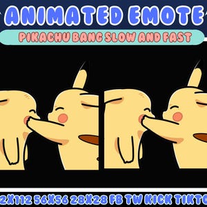 Puede incluir: Un emote digital animado que muestra a un personaje Pikachu amarillo haciendo un gesto de pistola con el dedo hacia otro Pikachu. El texto dice ANIMATED EMOTE PIKACHU BANG SLOW AND FAST y 112x112 56x56 28x28 FB TW KICK TIKTOK en azul y rosa.