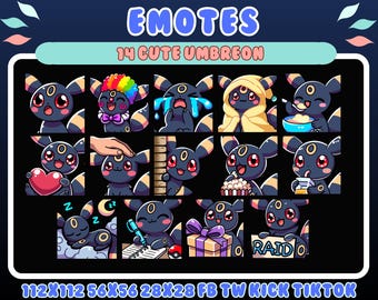 May include: A digital collection of 14 emotes featuring the character Umbreon in various expressions and activities, including crying, sleeping, eating, and holding a heart, with the text EMOTES 14 CUTE UMBREON and 112x112 56x56 28x28 FB TW KICK TIKTOK.