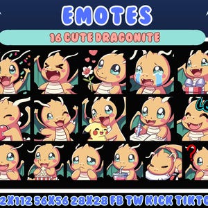 May include: A collection of 16 cute Dragonite emotes in various poses and expressions. The emotes feature a light orange dragon with blue eyes and green wings. Text at the top reads "EMOTES" and "16 CUTE DRAGONITE".