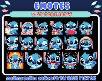 17 Stitch Twitch Emotes Pack Cute Discord Emotes Kick Streamer Emotes PNG digital Download