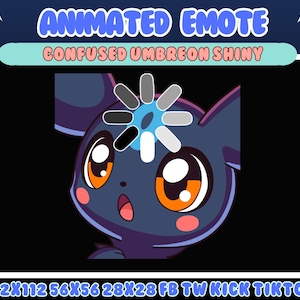 Puede incluir: Emoticono animado con un personaje de dibujos animados Umbreon Shiny, azul oscuro con ojos naranjas y mejillas rosas, que expresa confusión. Un símbolo de carga está sobre su cabeza. El texto dice "Animated Emote" y "Confused Umbreon Shiny".