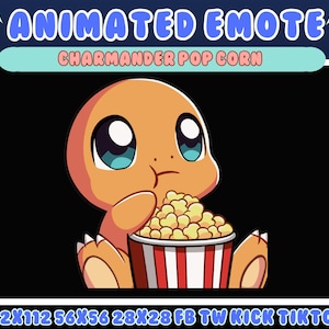 May include: Animated emote featuring a cartoon Charmander character eating popcorn from a red and white striped container. The image has the text "ANIMATED EMOTE" and "CHARMANDER POP CORN" at the top.