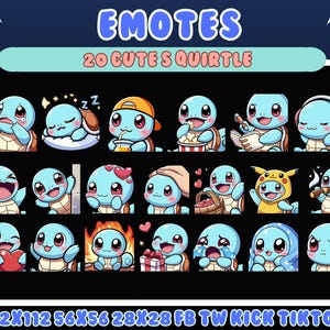 May include: A collection of 20 cute Squirtle emotes in various poses and expressions, including sleeping, eating popcorn, and wearing headphones. The word "EMOTES" is at the top, with "20 CUTE SQUIRTLE" below. The bottom text includes sizes for social media platforms.