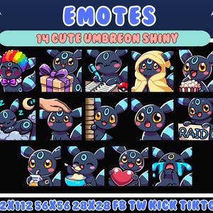 May include: A digital art graphic featuring 14 cute Umbreon Shiny emotes. The emotes depict the character in various poses and expressions, with text that reads "EMOTES" and "14 CUTE UMBREON SHINY". The image also includes social media platform dimensions.
