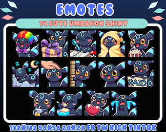 May include: A digital collection of 14 shiny Umbreon emotes featuring various expressions and activities, including sleeping, eating, holding a heart, and a sign reading RAID. The set includes sizes 112x112, 56x56, and 28x28 for platforms like Twitch.
