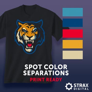 May include: Black t-shirt with a tiger head design in orange, blue, and white. The tiger has an open mouth with a red tongue. The text "SPOT COLOR SEPARATIONS PRINT READY" is below the design. A colour palette is shown on the right.