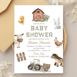 Farm Baby Shower Invitation, Barnyard Animals Baby Shower Invite, Editable Rustic Farm Theme, Digital Download, Canva Template, A6