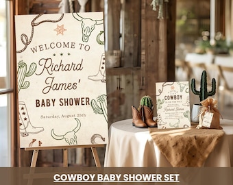 Western Cowboy Baby Shower Set, Editable Invitation (Canva Template)